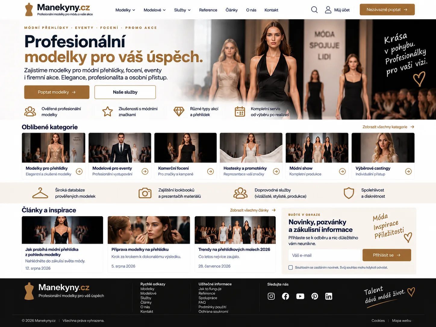 Ilustrační návrh webu Manekyny.cz v černé, bílé a bronzové barvě s modelkami pro přehlídky, eventy a focení